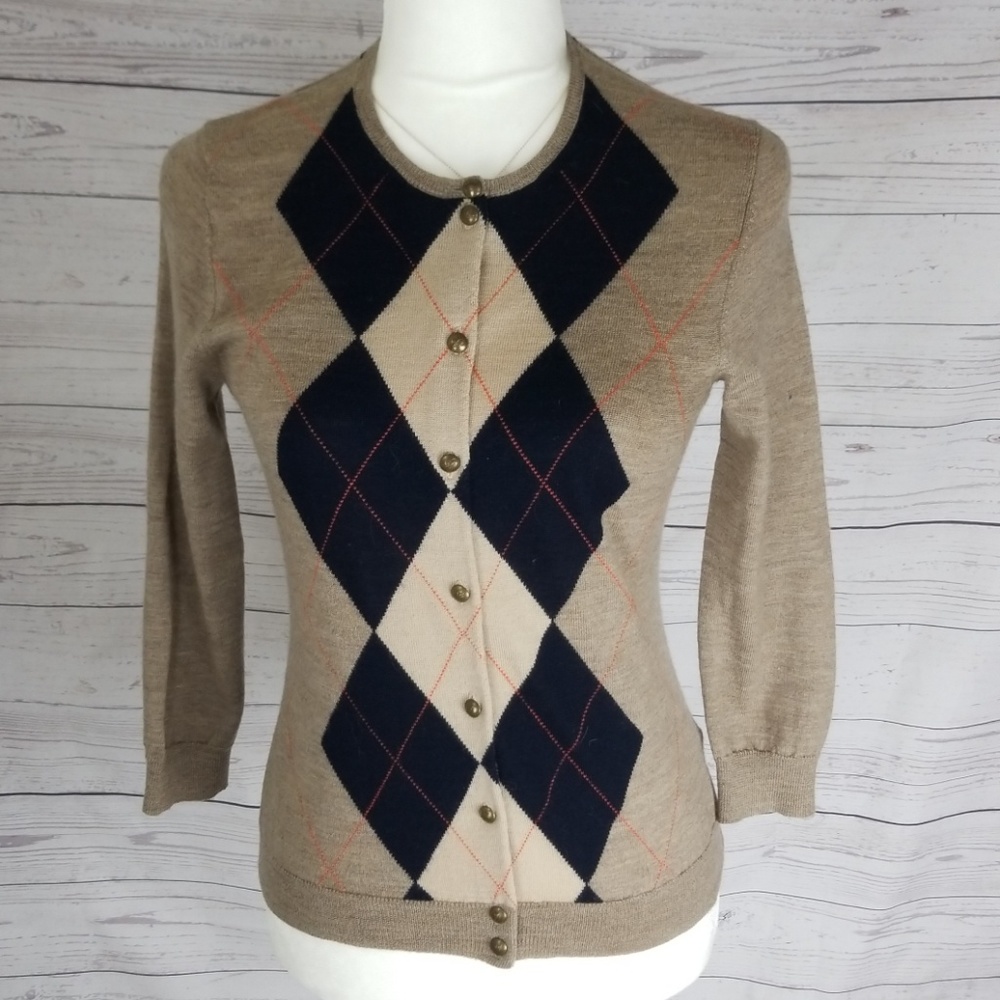 J crew brown argyle cardigan